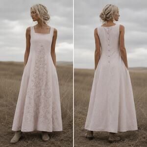 Vintage Embroidered Cotton Maxi Dress Romantic Flare Peasant Bridal Renfaire S